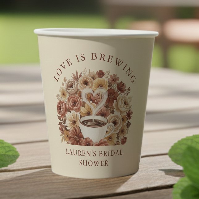 Liebe Braut Kaffee Herz Braunes Florales Gebräu Pappbecher (Love is Brewing Brown Floral Coffee Heart Bridal Paper Cups
)