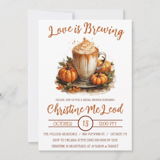 Liebe braut, Pumpkin Gewürz Latte Brautparty Einladung (Vorderseite)