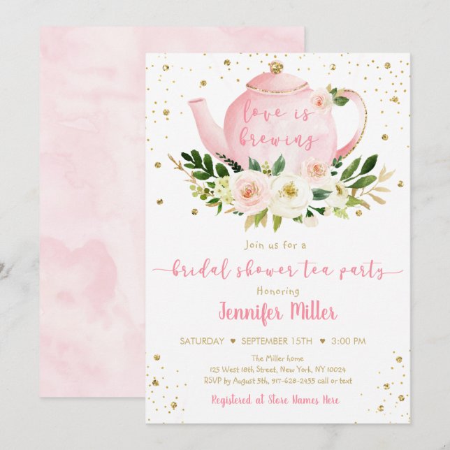 Liebe braut rosa Gold Tea Party Brautparty Einladung (Vorne/Hinten)