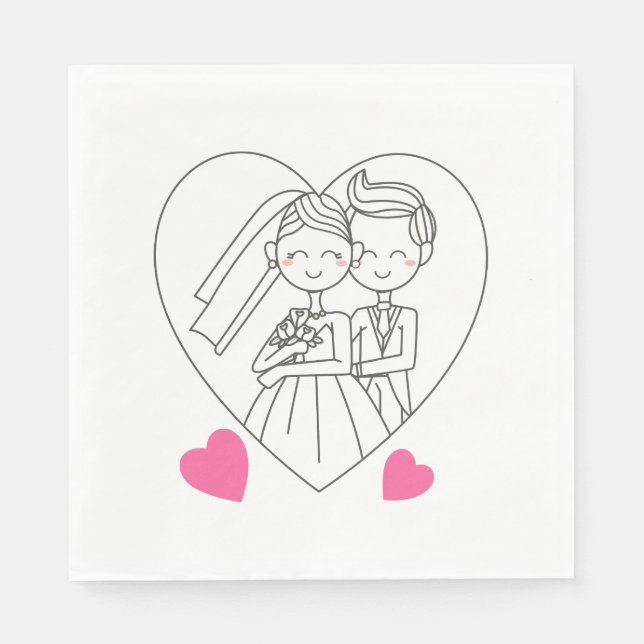 Liebe Braut und Cartoon rosa Herzenshochzeit Serviette (Vorderseite)