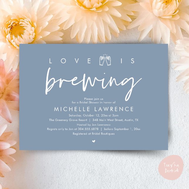 Liebe braut, wunderschönes Brautparty Bier Party Einladung (Love is brewing, Gorgeous Bridal Shower Beer Party modern Invitation card pdf in dusty blue)