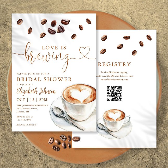 Liebe Brautparty mit QR-Code für Coffee von Love I Einladung (Love Is Brewing Coffee QR Code Bridal Shower Invitation)