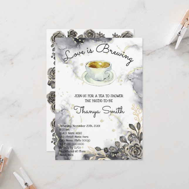 Liebe briwing Black&Gold Rose Tee Brautparty Einladung (Vorderseite/Rückseite Beispiel)
