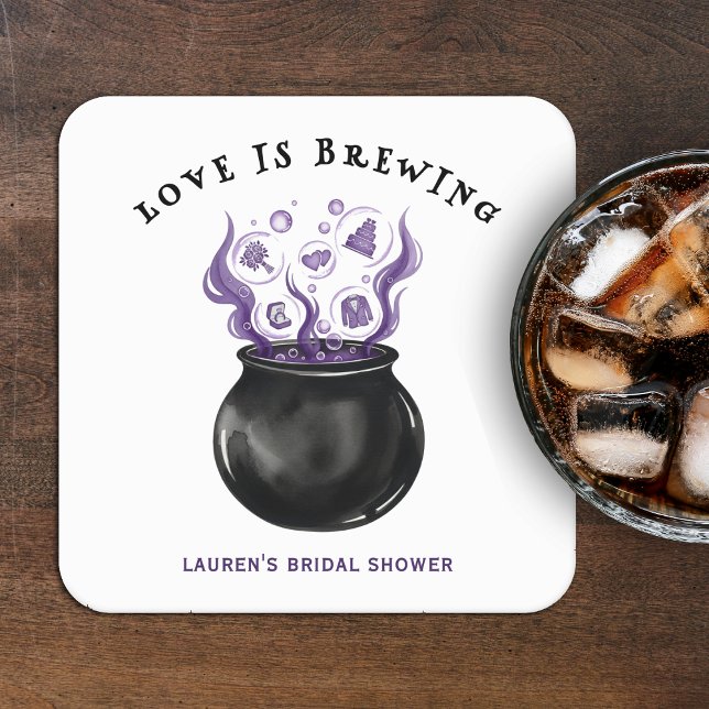 Liebe brodelt Brautparty zu Halloween Rechteckiger Pappuntersetzer (Love is Brewing Cauldron Halloween Bridal Shower Square Paper Coaster
)