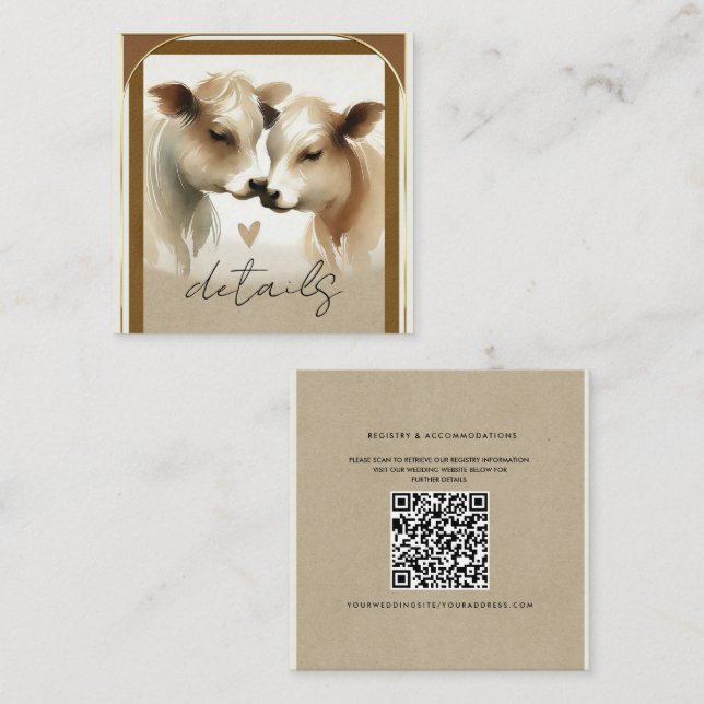 Liebe Brown Cream Country Wedding Details Quadratische Visitenkarte (Vorne/Hinten)