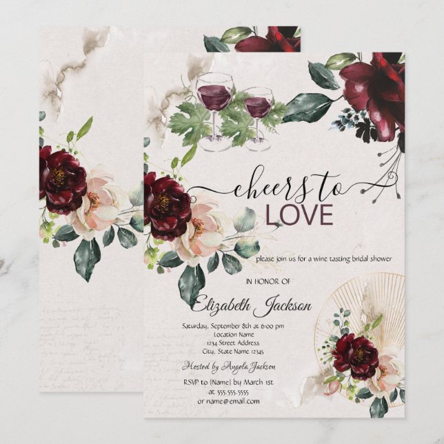 Liebe Burgund Rose Brautparty Einladung (Vorne/Hinten)