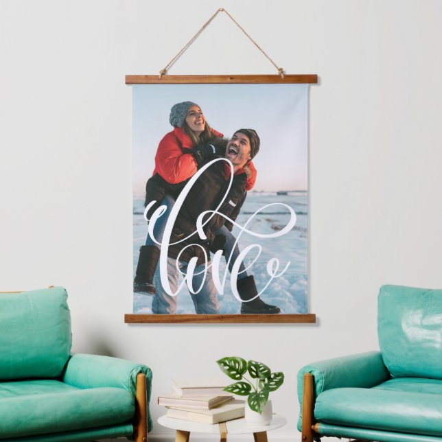 LIEBE Calligraphy Script Couple Foto Stilvoll Wandteppich Mit Holzrahmen (Wohnzimmer)