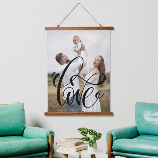 LIEBE Calligraphy Script Family Foto Stilvoll Wandteppich Mit Holzrahmen (Wohnzimmer)