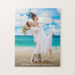 Liebe Calligraphy Wedding Foto<br><div class="desc">Elegante Calligraphy Script Liebe Wedding Foto Jigsaw Puzzle</div>