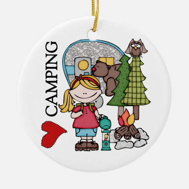Liebe-Camping des blondes Haar-Mädchen-I Keramikornament (Vorne)