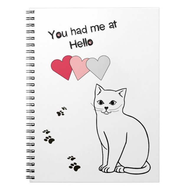 Liebe Cat with Hearts and Paw Prints Notebook Notizblock (Vorderseite)