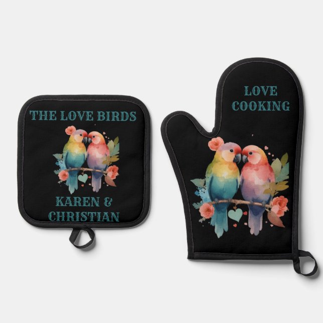 Liebe Cooking - The Love Birds - Personalisiert Ofenhandschuh & Topflappen-Set (Vorderseite)