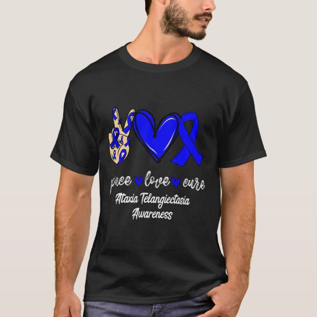 Liebe Cure Ataxia Telangiectasia Blue Ribbon Aware T-Shirt (Vorderseite)