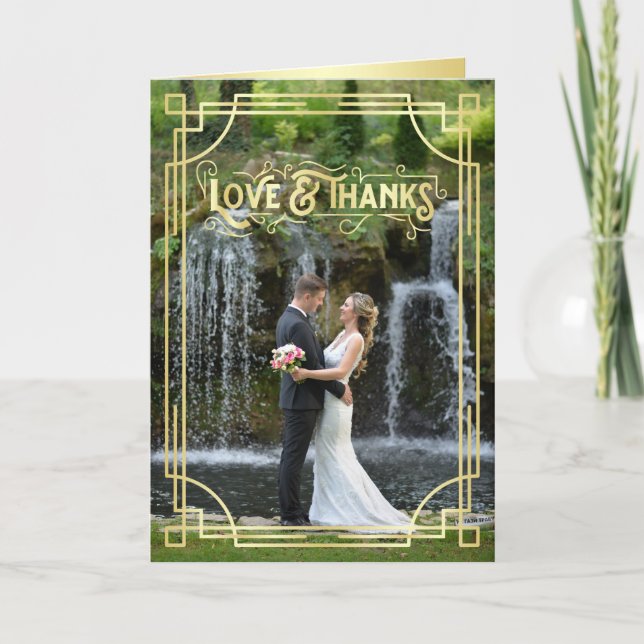Liebe & Dank Art Deco Gold Green Add Your Foto Dankeskarte (Vorderseite)