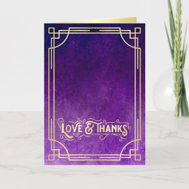 Liebe & Dank Art Deco Gold Lila Hinzufügen Ihres F Dankeskarte (Vorderseite)
