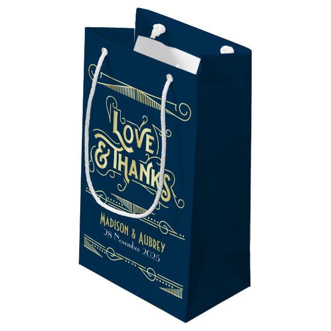 Liebe & Dank Art Deco Wedding Gold Blue Gefallen Kleine Geschenktüte (Rückseite Schrägansicht)