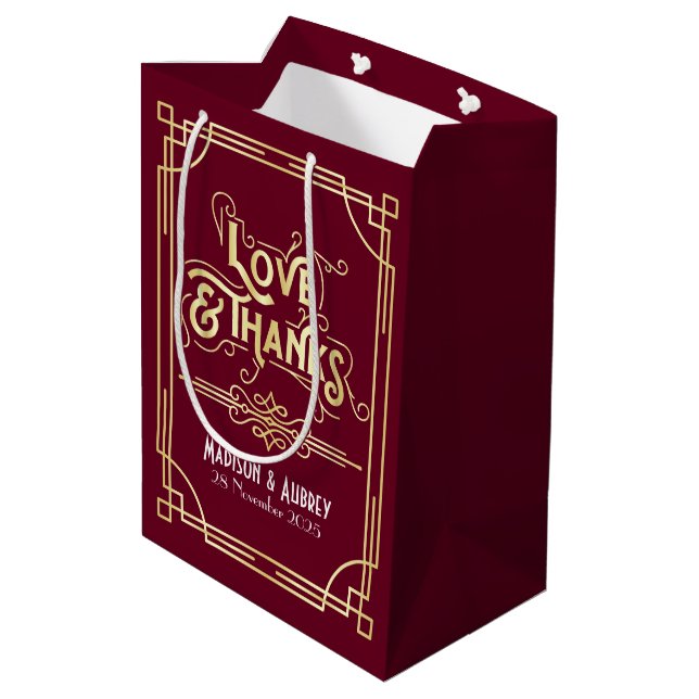 Liebe & Dank Art Deco Wedding Gold Burgund Mittlere Geschenktüte (Rückseite Schrägansicht)