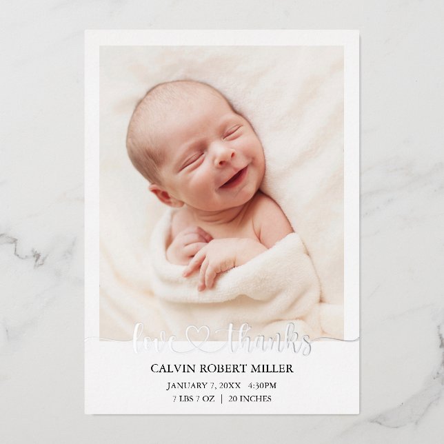 Liebe Dank Baby Birth Ankündigung Foto-Karte (Vorderseite)