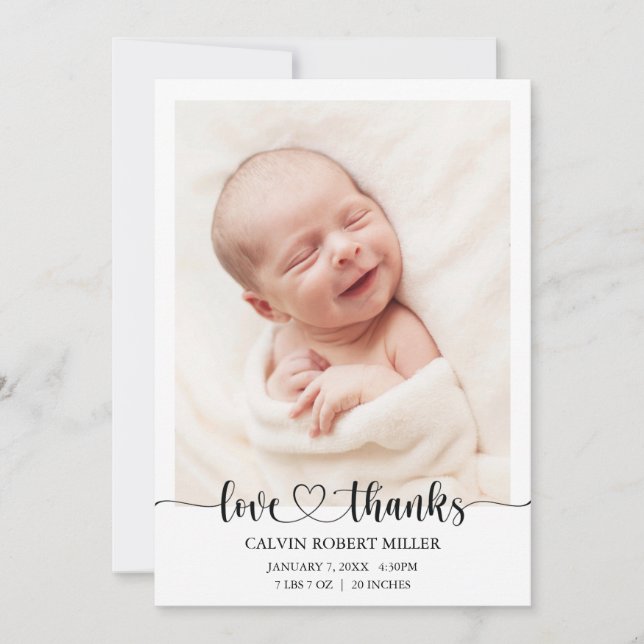 Liebe Dank Baby Birth Ankündigung Foto-Karte (Vorderseite)