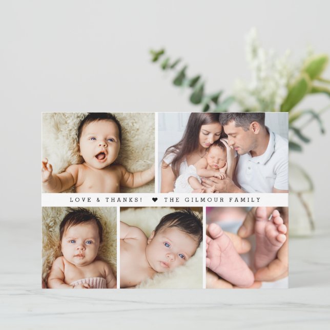 Liebe & Dank Baby Dusche Foto Collage Neue Baby Dankeskarte (Stehend Vorderseite)