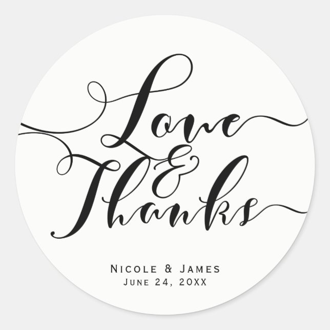 Liebe & Dank Black Script Custom Wedding Gefallen Runder Aufkleber (Vorderseite)