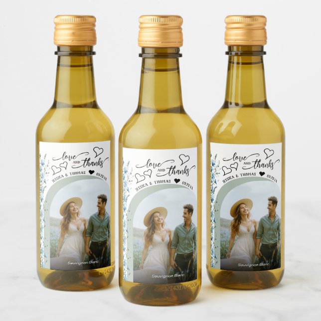 Liebe & Dank Blue Wildblumen Hochzeit Foto Mini Weinetikett (Flaschen)