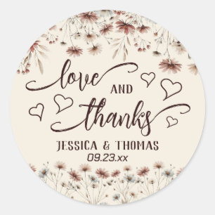 Liebe & Dank Boho Wildblumen Earthtone Wedding Runder Aufkleber