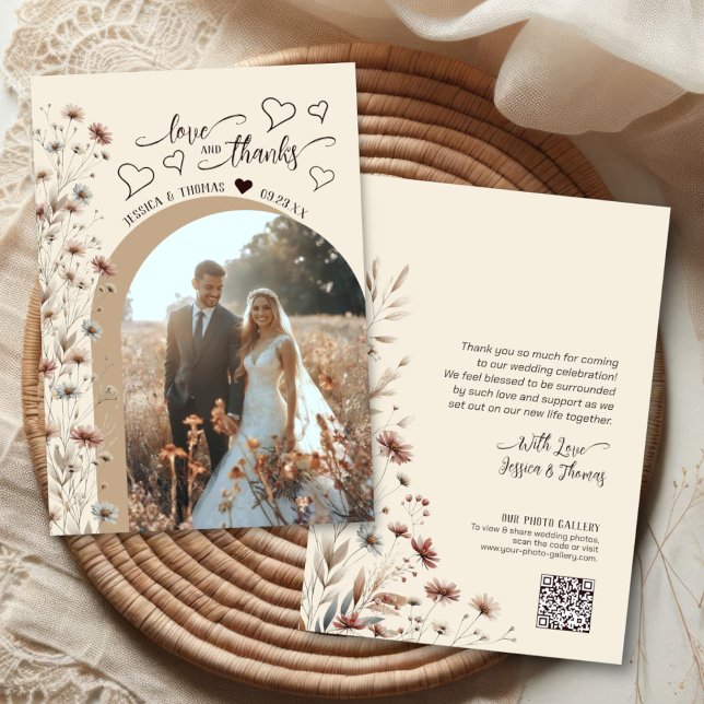 Liebe Dank Boho Wildblumen Foto QR Code Hochzeit Dankeskarte (Front/Back)