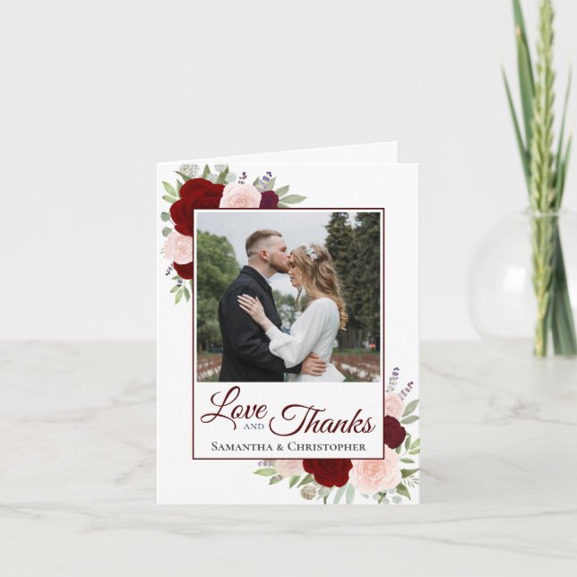 Liebe & Dank Burgund Blush Rose Hochzeit Foto Dankeskarte (Vorderseite)