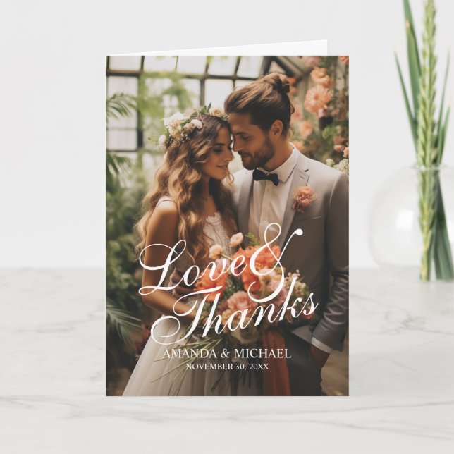 'Liebe & Dank' Custom Foto Wedding Dankeskarte (Vorderseite)