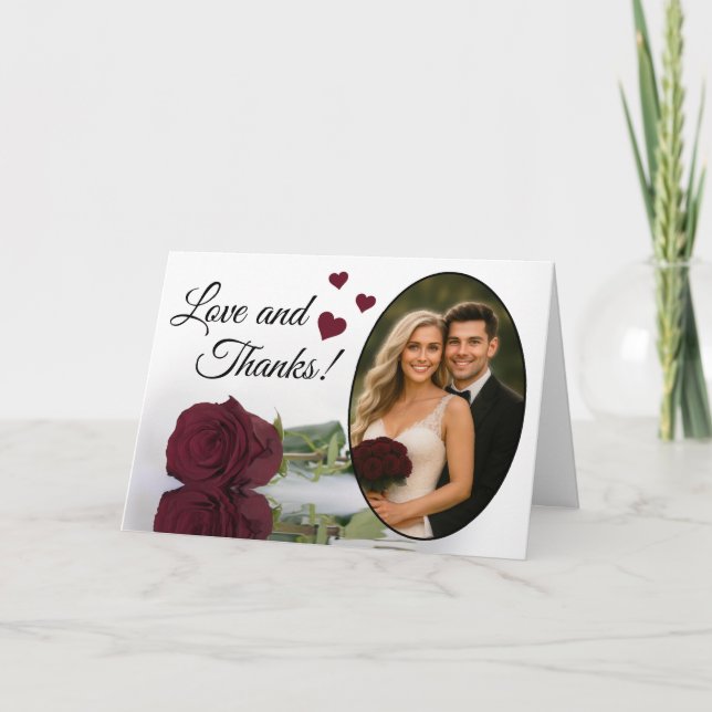 Liebe & Dank Elegant Burgund Rose Hochzeit Dankeskarte (Vorderseite)