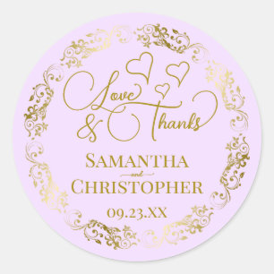 Liebe & Dank Elegant Lilac Lila & Gold Hochzeit Runder Aufkleber