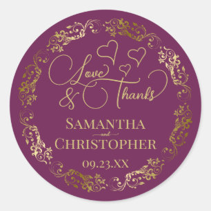Liebe & Dank Elegant Magenta Plum & Gold Wedding Runder Aufkleber