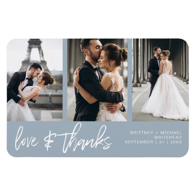 Liebe dank Foto Collage Handschrift Dusty Blue Magnet (Horizontal)
