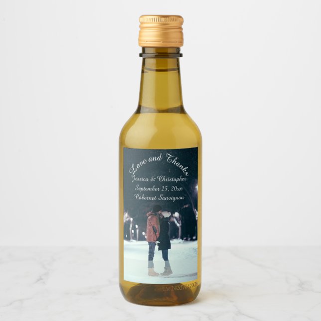 Liebe & Dank Foto Hochzeit Mini Wein Label Weinetikett (Vorderseite)