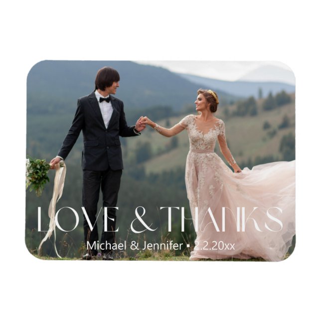 Liebe & Dank Hochzeit Foto schick weiß Typografie Magnet (Horizontal)