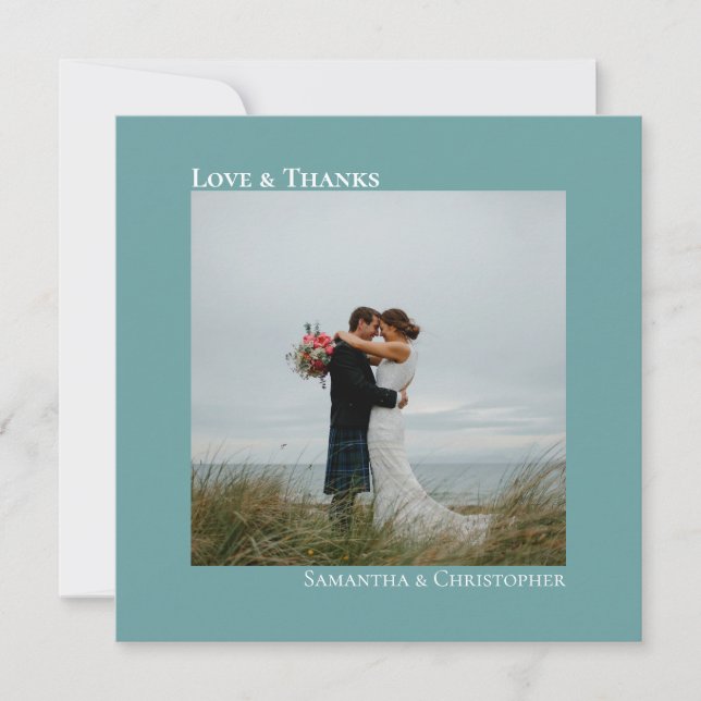 Liebe & Dank Minimalistischer Aquamariner Hochzeit Dankeskarte (Vorderseite)