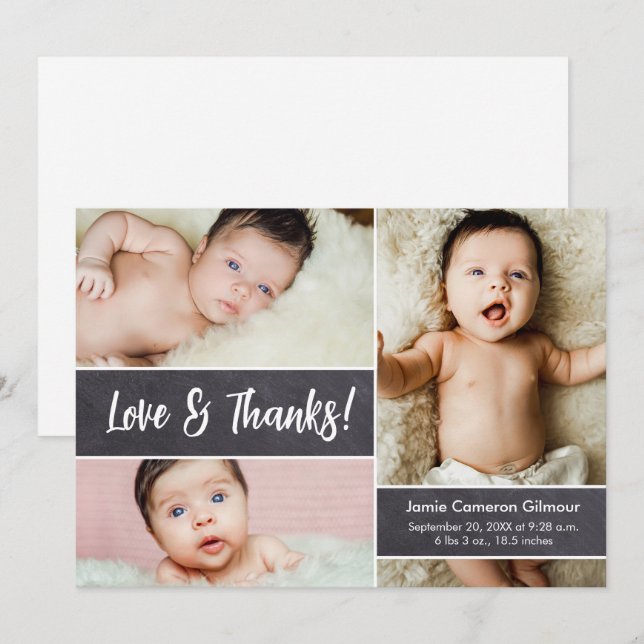 Liebe & Dank Modern Foto Collage Baby Dusche Dankeskarte (Vorne/Hinten)