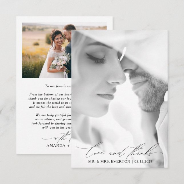 Liebe & Dank Moderner Kalligrafie Foto Hochzeit Dankeskarte (Vorne/Hinten)