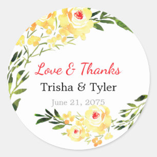 Liebe & Dank, Namen & Date Yellow Flowers Hochzeit Runder Aufkleber