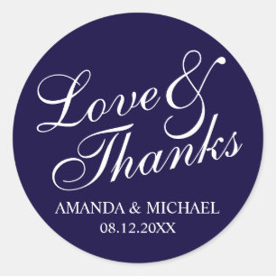 'Liebe & Dank' Navy & White Gastgeschenk Hochzeit Runder Aufkleber