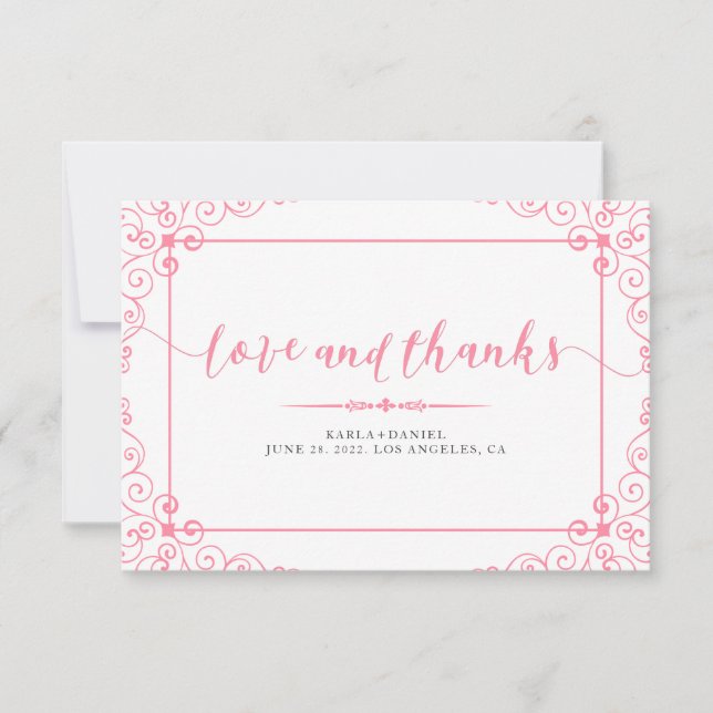 Liebe & Dank rosa Hochzeitstypografie mit Rahmen. Dankeskarte (Vorderseite)