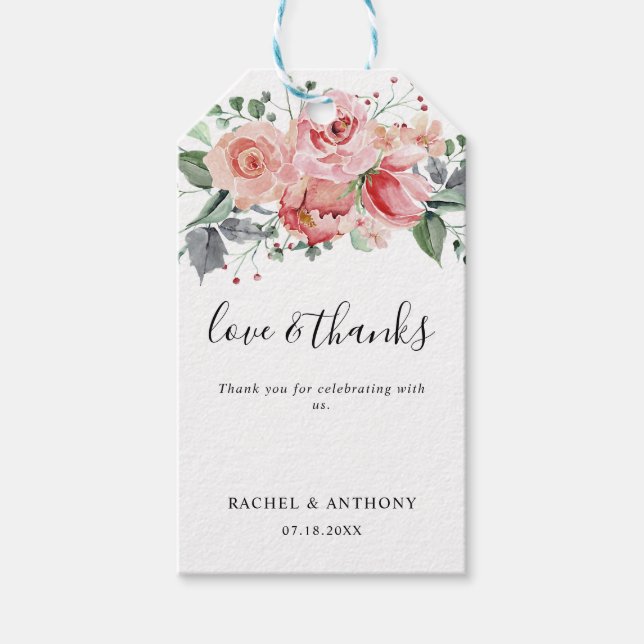 Liebe & Dank Rosa Rose Hochzeit Blumenziton Geschenkanhänger (Vorderseite)