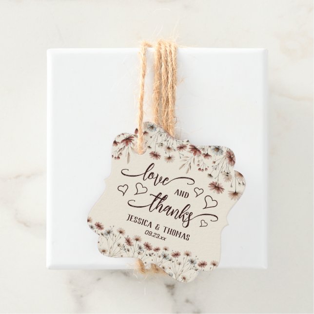 Liebe & Dank Rustic Boho Chic Wildblumen Hochzeit Geschenkanhänger (Beispiel)