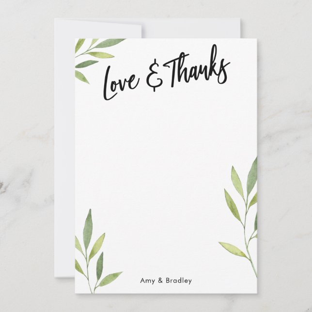 Liebe & Dank Typografie, grünes Aquarellblatt Dankeskarte (Vorderseite)