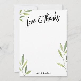 Liebe & Dank Typografie, grünes Aquarellblatt Dankeskarte