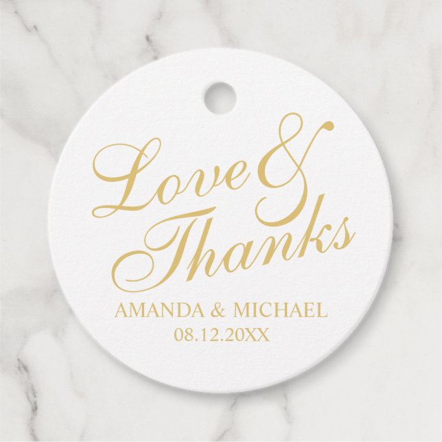 'Liebe & Dank' White & Gold Elegante Hochzeit Geschenkanhänger (Vorderseite)