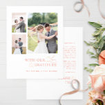 Liebe & Dankbarkeit Foto Rosa Pfirsichhochzeit Dankeskarte<br><div class="desc">Vielen Dank für Ihre Gäste mit dieser eleganten, modernen 3-Foto Collage Hochzeit danke Ihnen Karte! Sauberes und schlichtes Weiß, Rosa und Pfirsichdesign mit dem Satz "mit unserer Liebe und Dankbarkeit" in einer Mischung aus moderner Blocktypografie und moderner handgeschriebener Kalligraphie. Zurück mit dem Bereich für Ihre Nachricht und Namen. Einfache Vorlage,...</div>