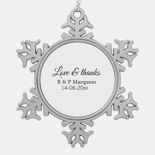 Liebe & danke fügen Ehegatten Namen Hochzeit hinzu Schneeflocken Zinn-Ornament (Vorderseite)