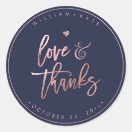 Liebe+Danke, Moderne Script Rose Gold+Navy Blue Runder Aufkleber